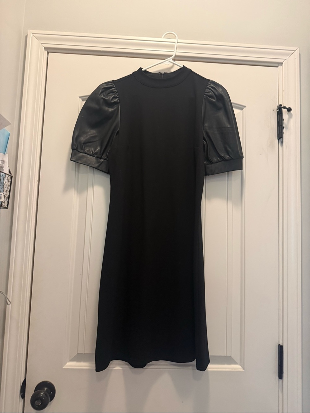 Ann Taylor Black Asymmetrical Mini Dress with Faux-Leather Puff Sleeves